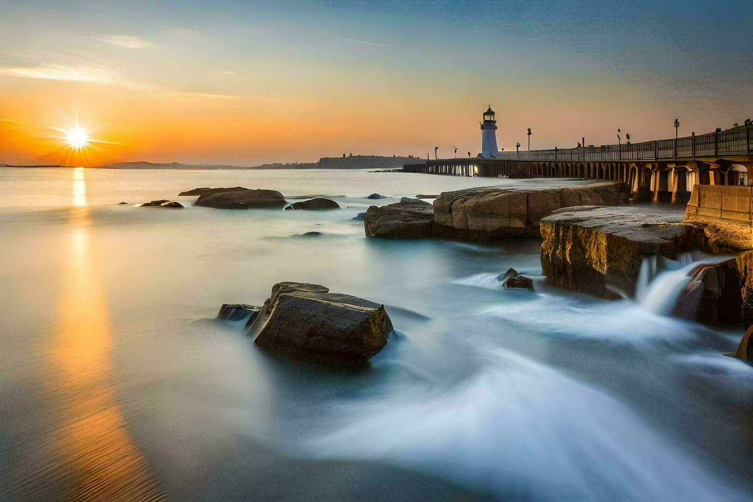 a lighthouse at sunset with rocks and water. AI-Generated photo