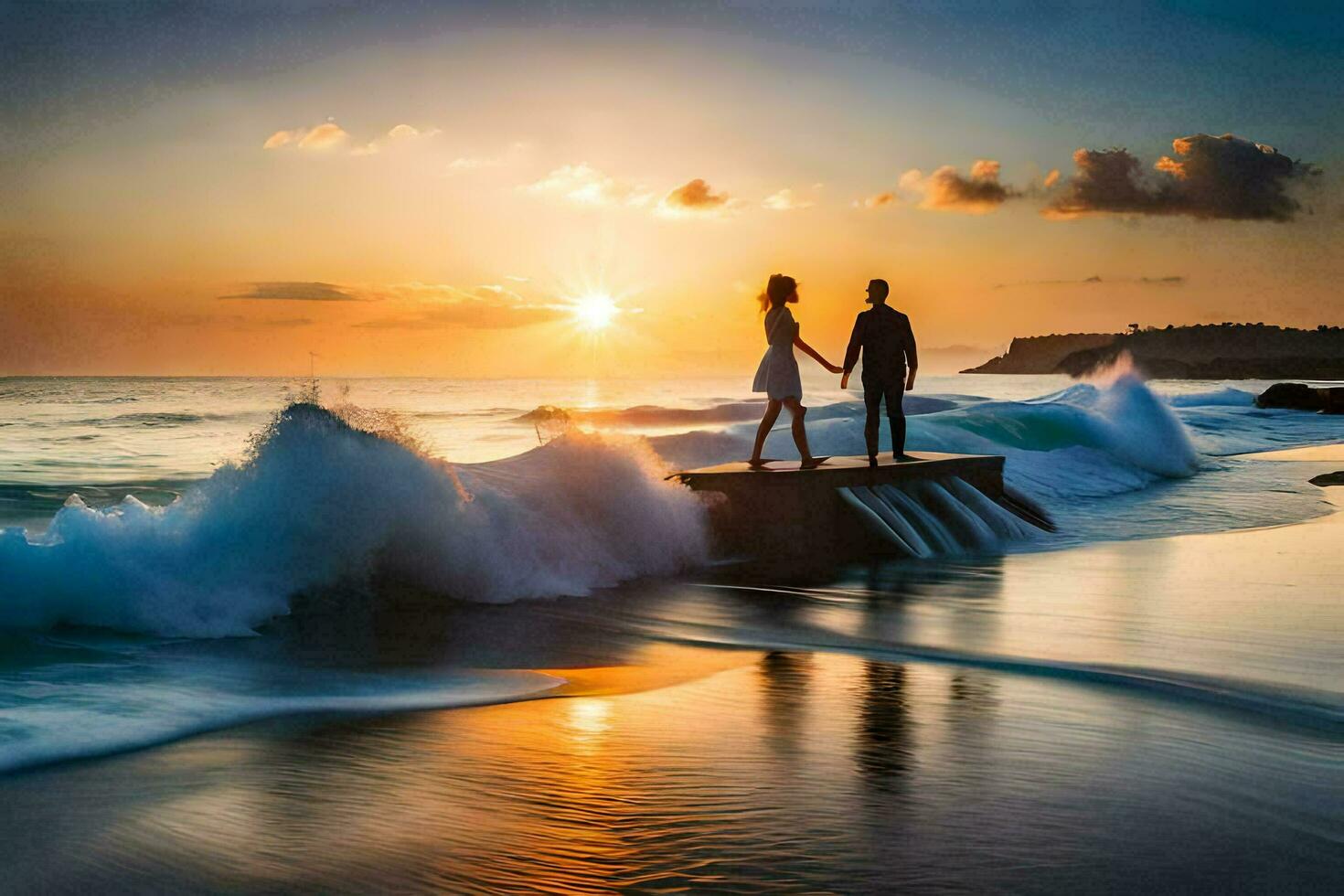 the couple is standing on the edge of the water and the sun is setting behind them. AI-Generated photo