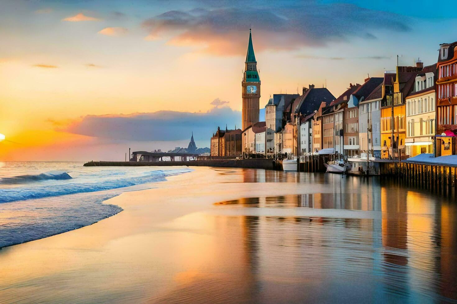 el puesta de sol terminado el Oceano y edificios en un ciudad. generado por ai foto