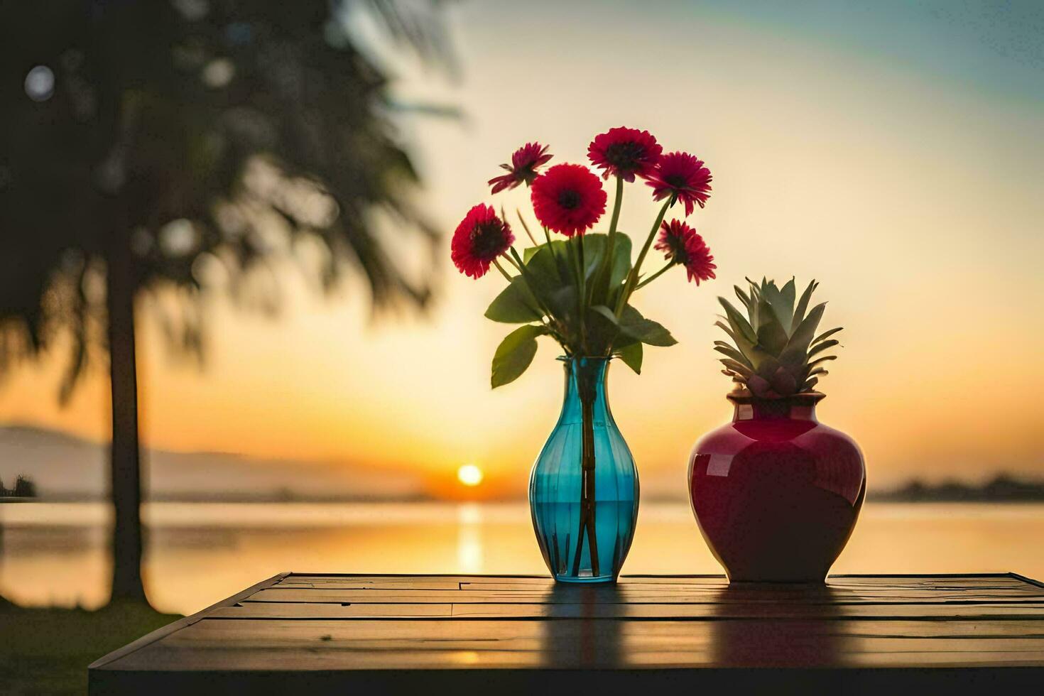 two vases with flowers on a table in front of a lake. AI-Generated photo