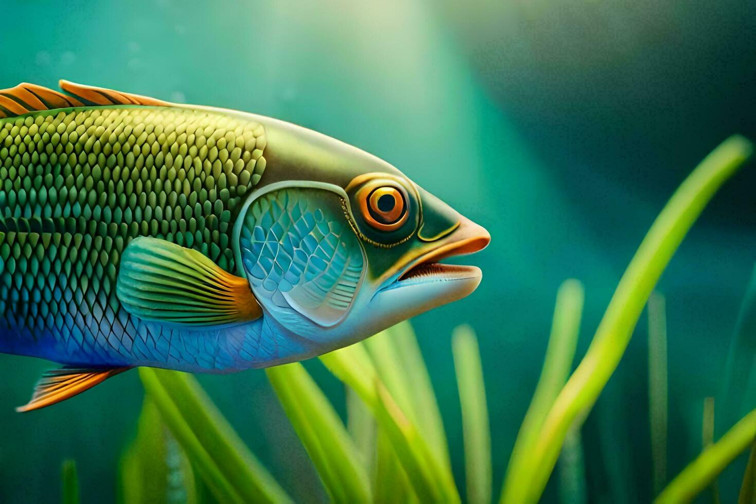 fish in the water with grass and sunlight. AI-Generated photo