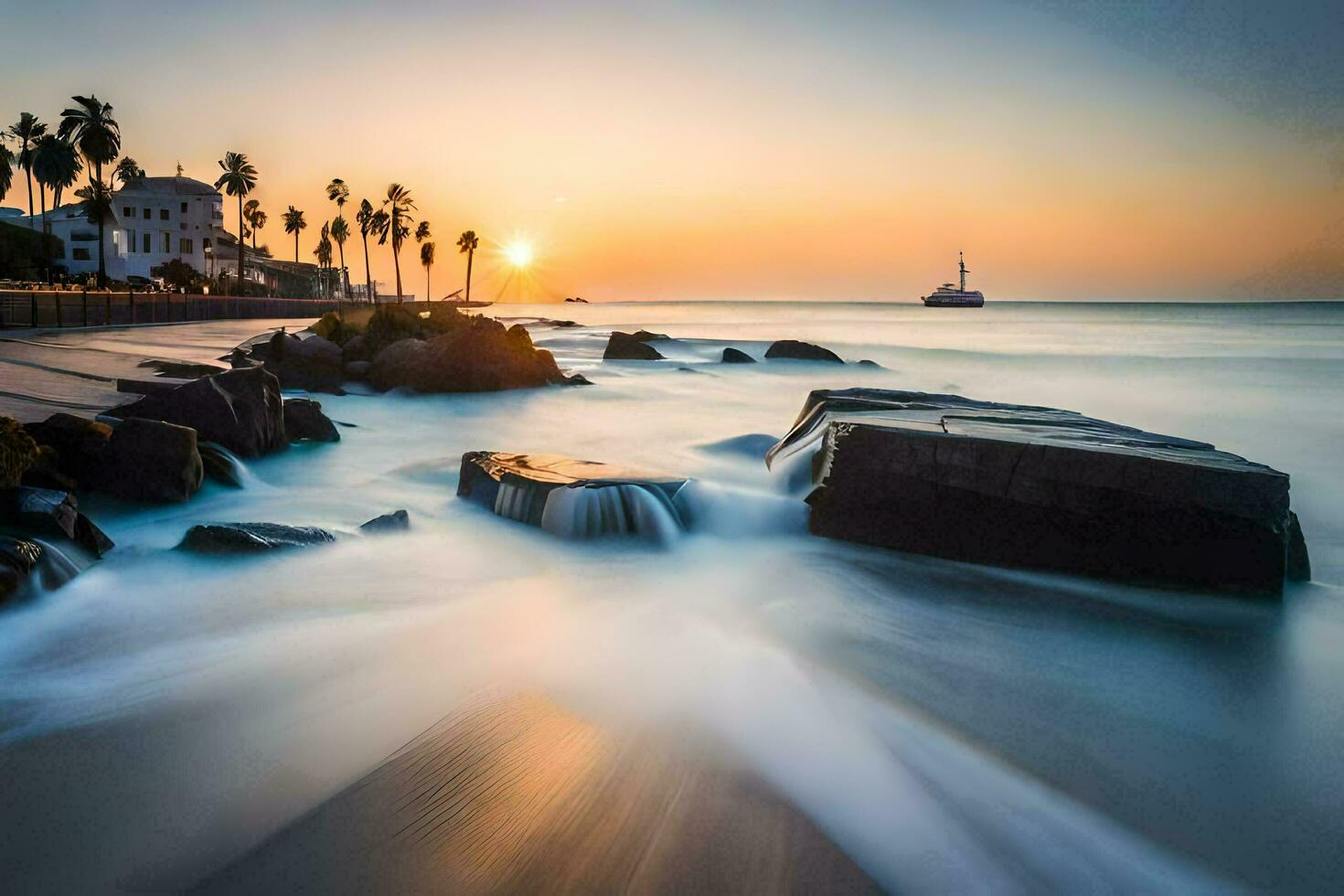 a sunset over the ocean with rocks and palm trees. AI-Generated photo