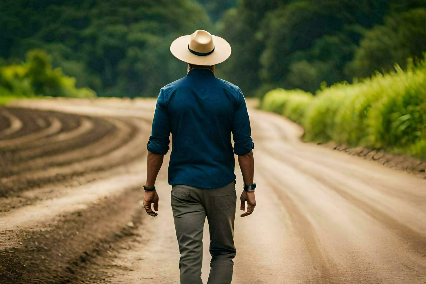 un hombre en un sombrero camina abajo un suciedad la carretera. generado por ai foto