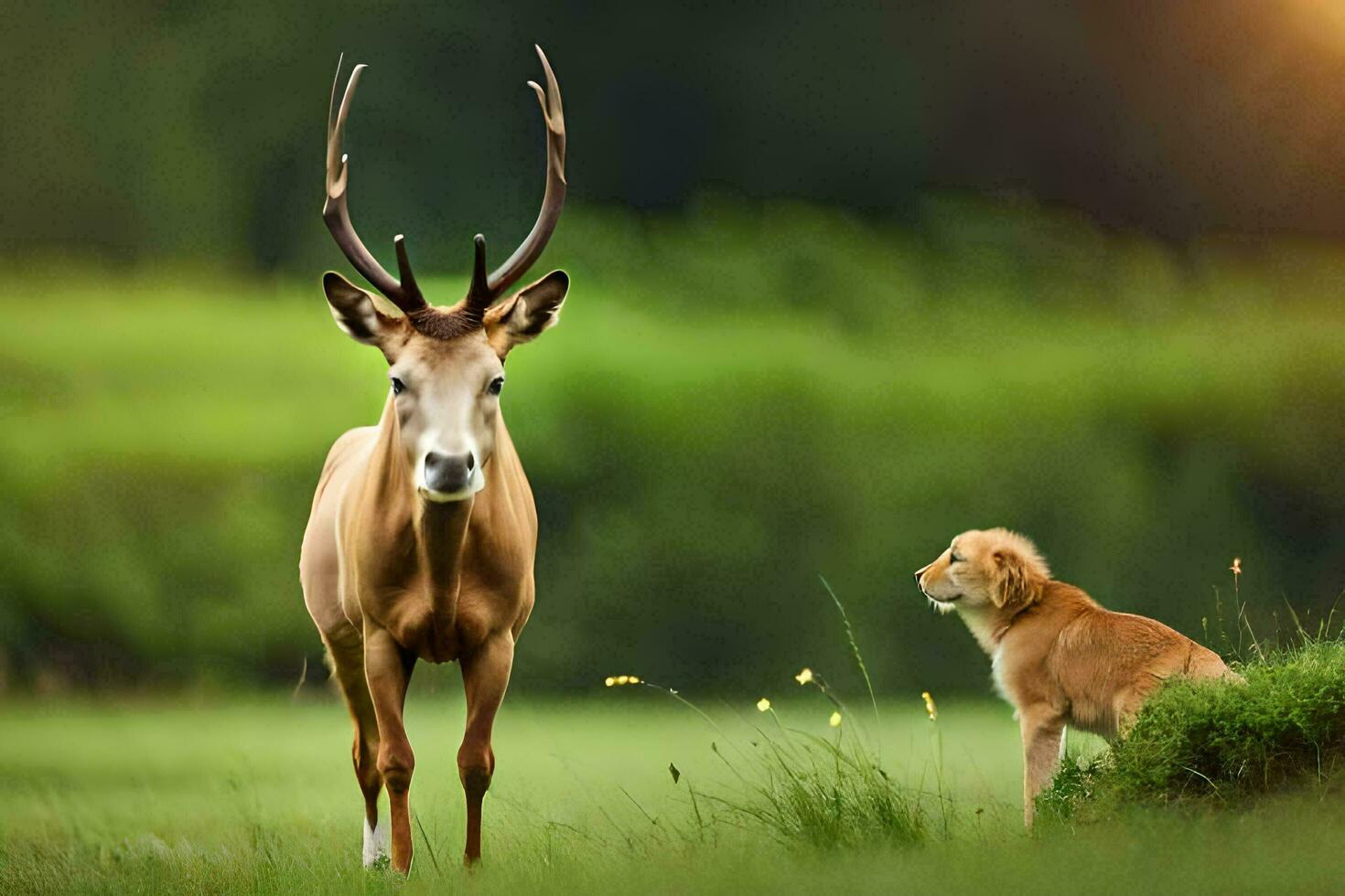 a deer and a dog standing in a field. AI-Generated photo