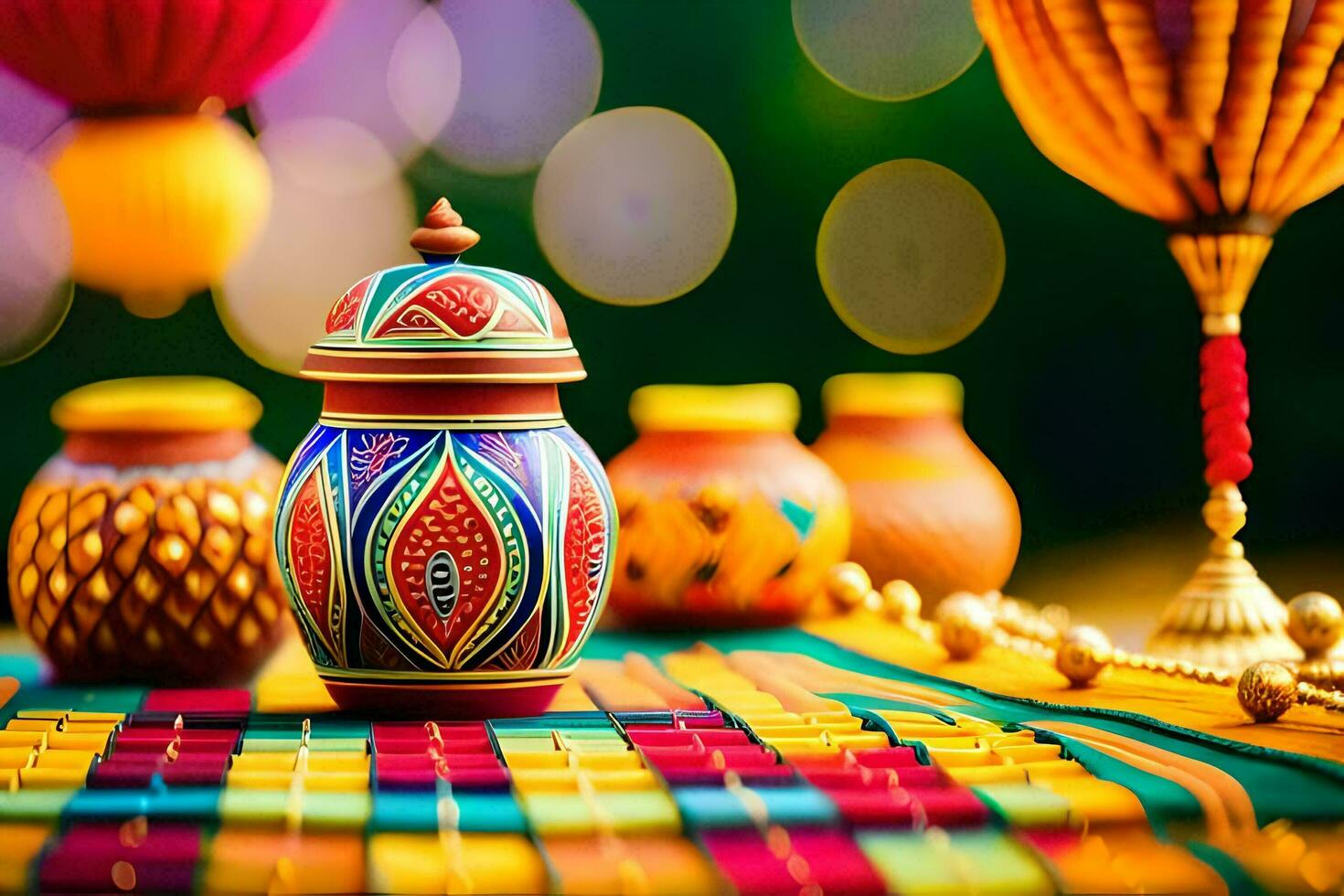 colorful vases and decorative items on a table. AI-Generated photo