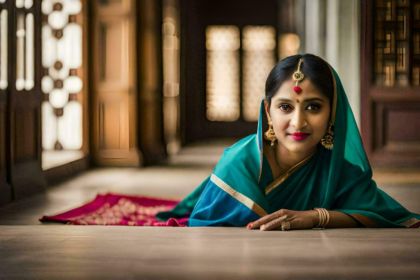 a beautiful indian woman in a sari laying on the floor. AI-Generated photo