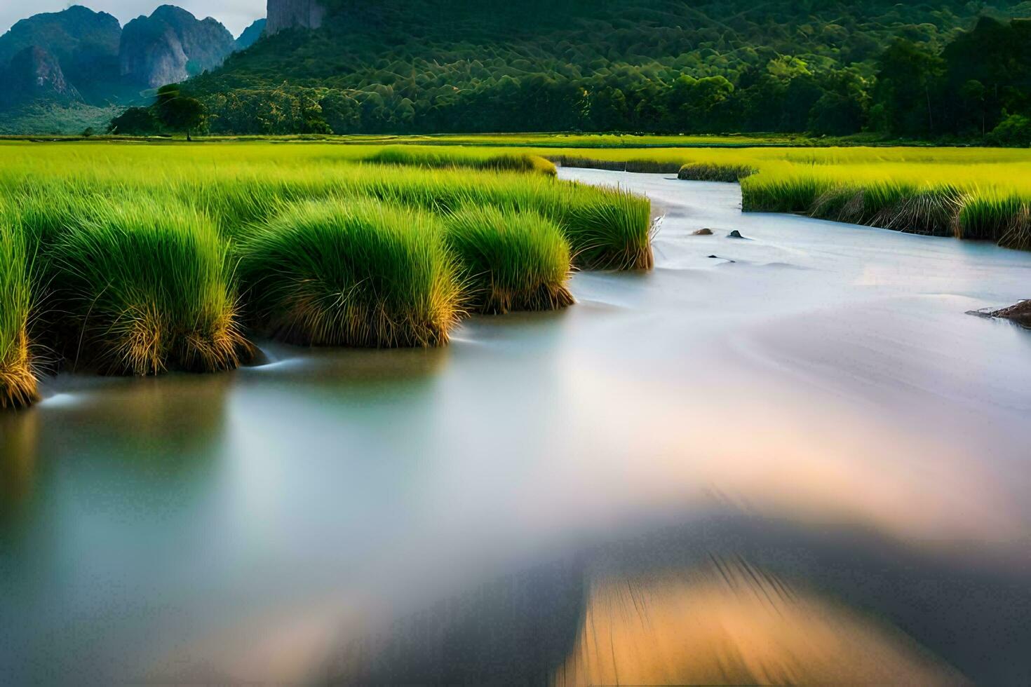 un río fluido mediante un verde campo con montañas en el antecedentes. generado por ai foto