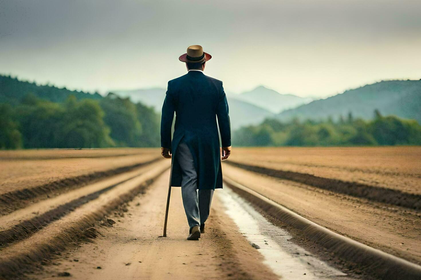 a man in a suit and hat walking down a dirt road. AI-Generated photo