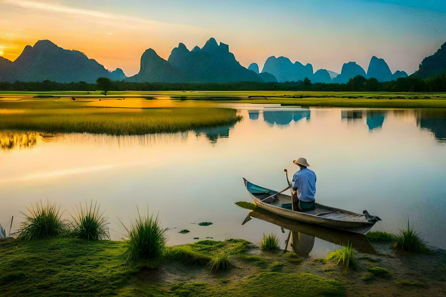 a man in a boat on the river with mountains in the background. AI-Generated photo