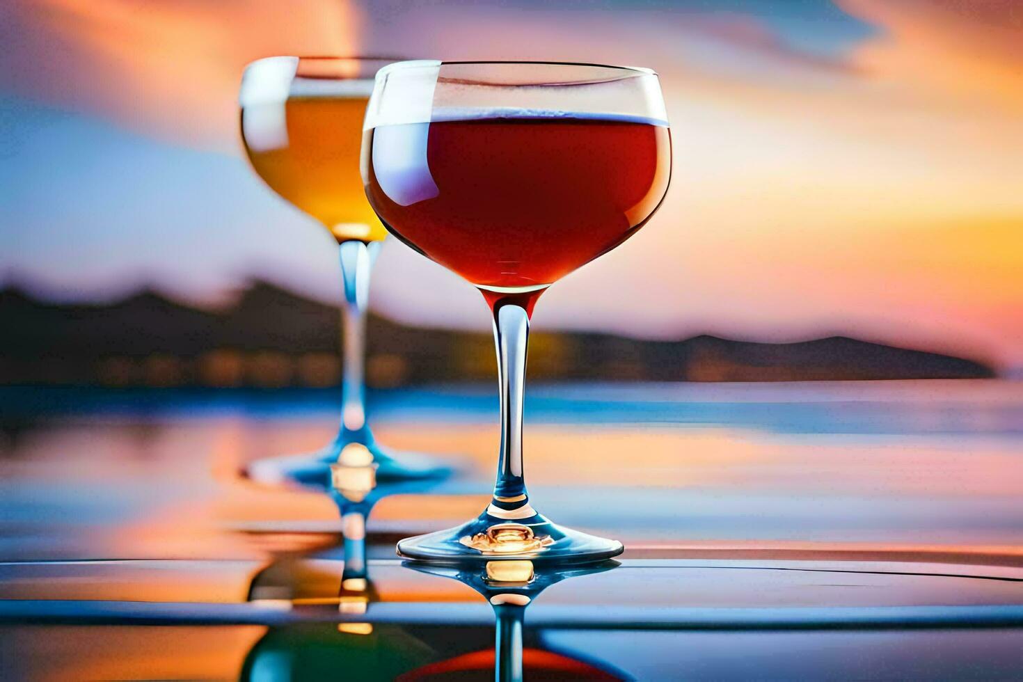 dos lentes de vino en el playa a puesta de sol. generado por ai foto