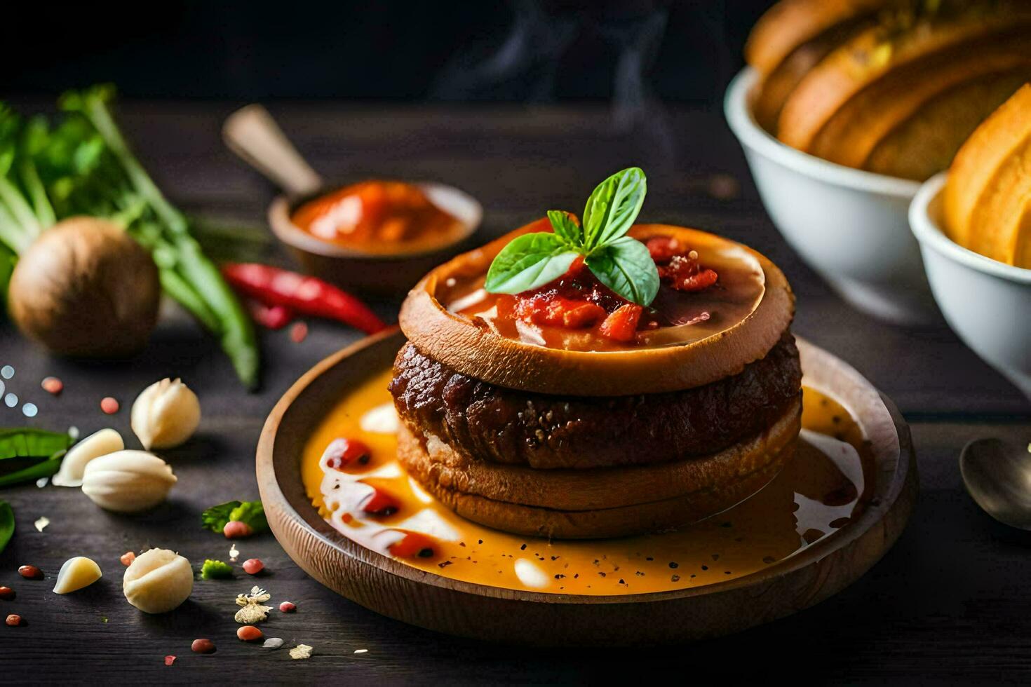 a plate of food with meat and sauce. AI-Generated photo