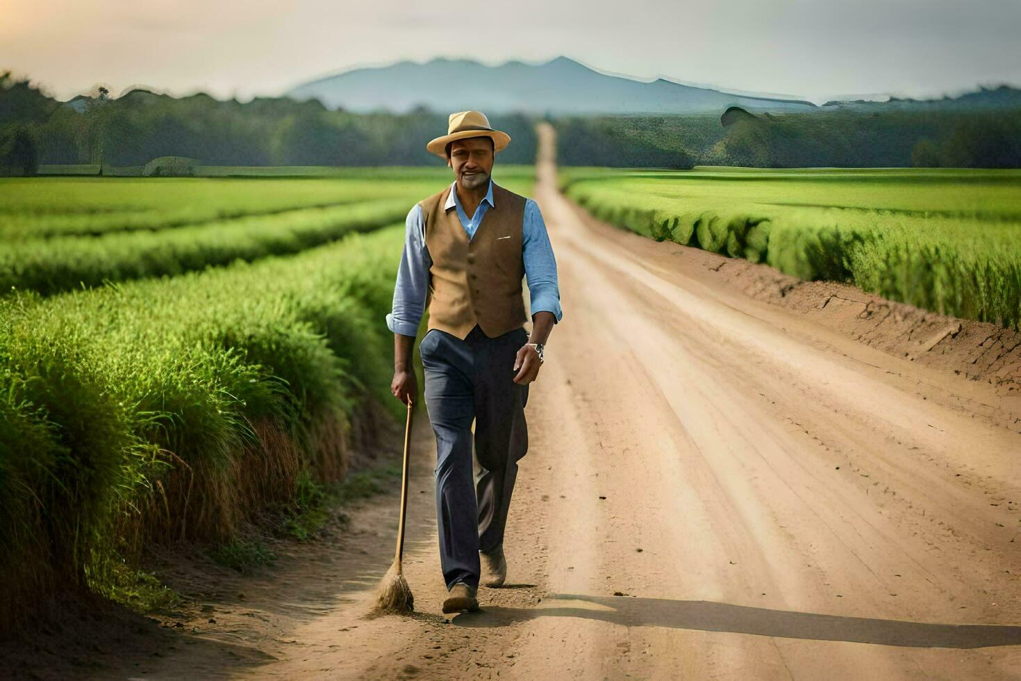 a man in a hat and vest walking through a rice field. AI-Generated photo