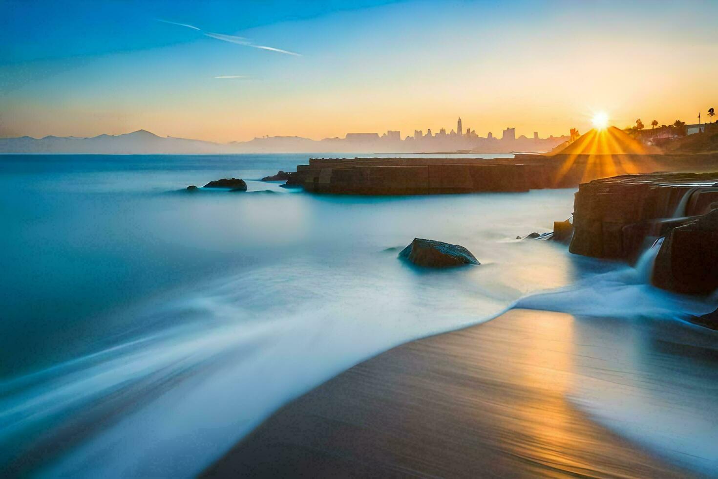 the sun rises over the ocean and rocks. AI-Generated photo