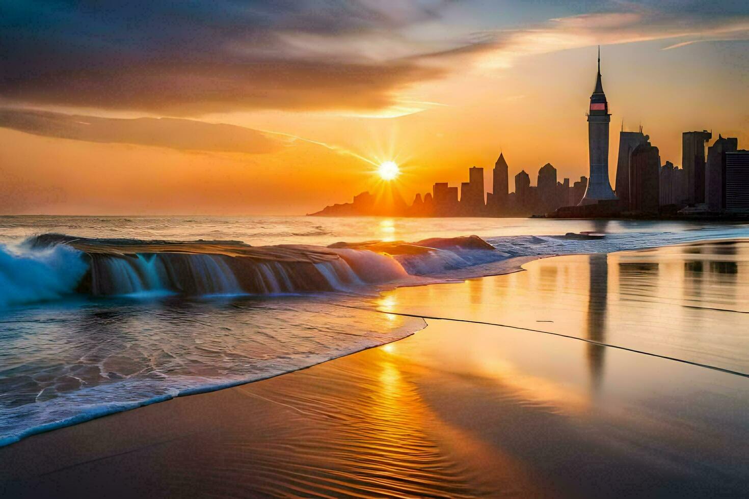 the sun sets over the city skyline and waves crashing into the shore. AI-Generated photo