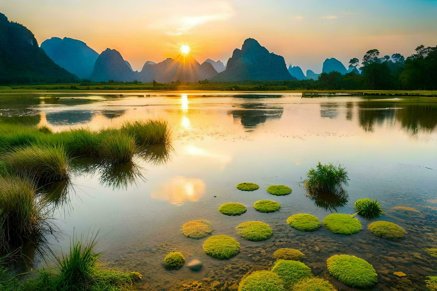 the sun rises over a mountain range and a river. AI-Generated photo