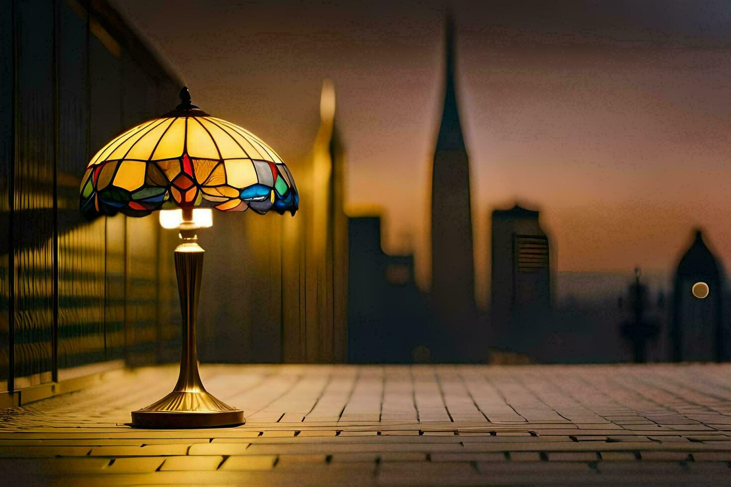a lamp on a table in front of a city skyline. AI-Generated photo