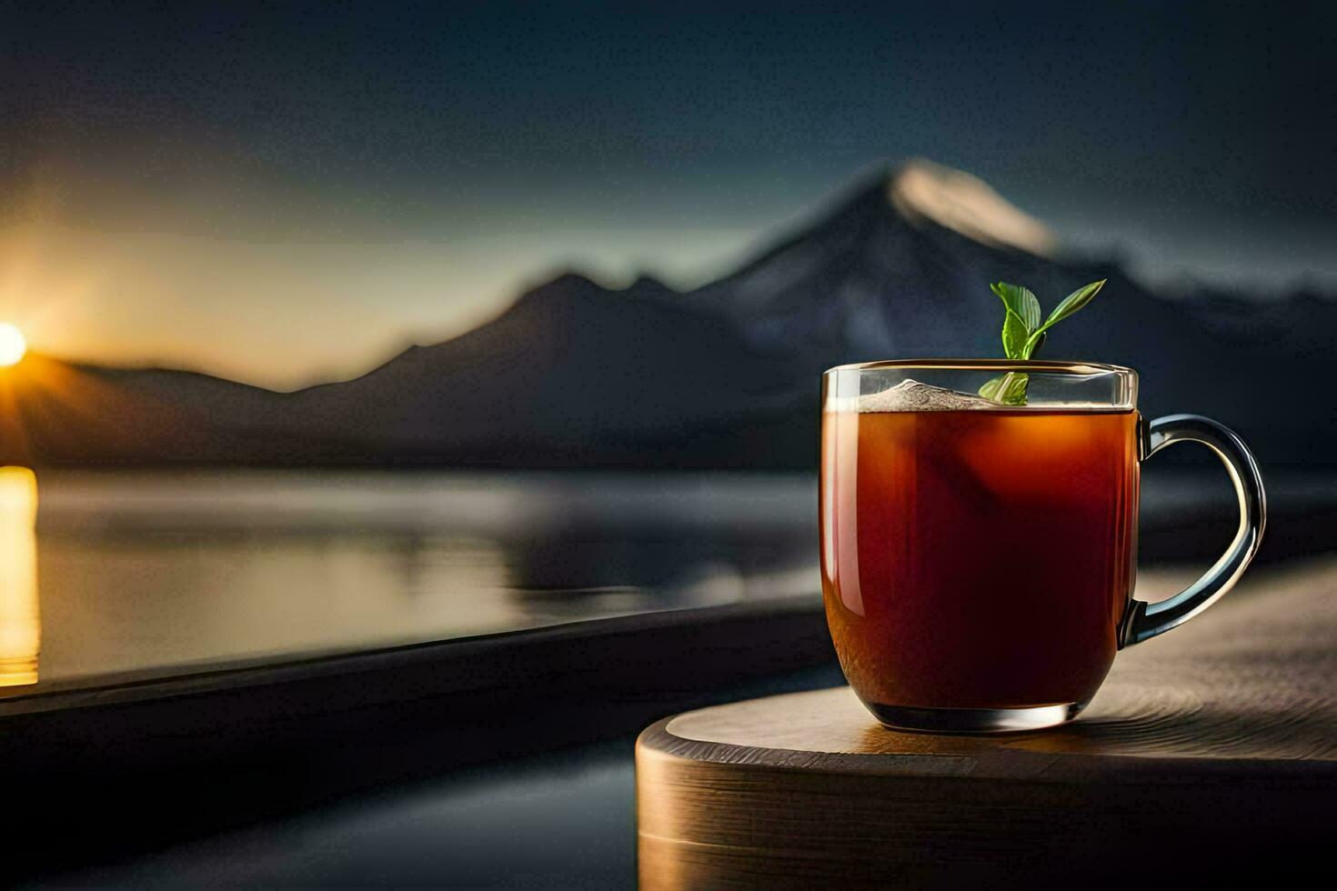 un taza de té se sienta en un mesa con un montaña en el antecedentes. generado por ai foto