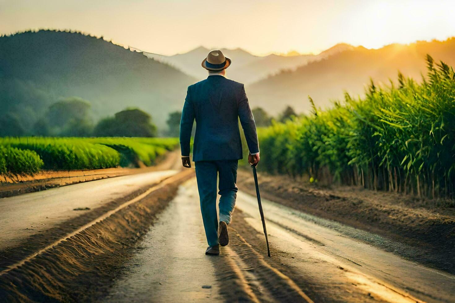 a man in a suit walks down a road with cane. AI-Generated photo