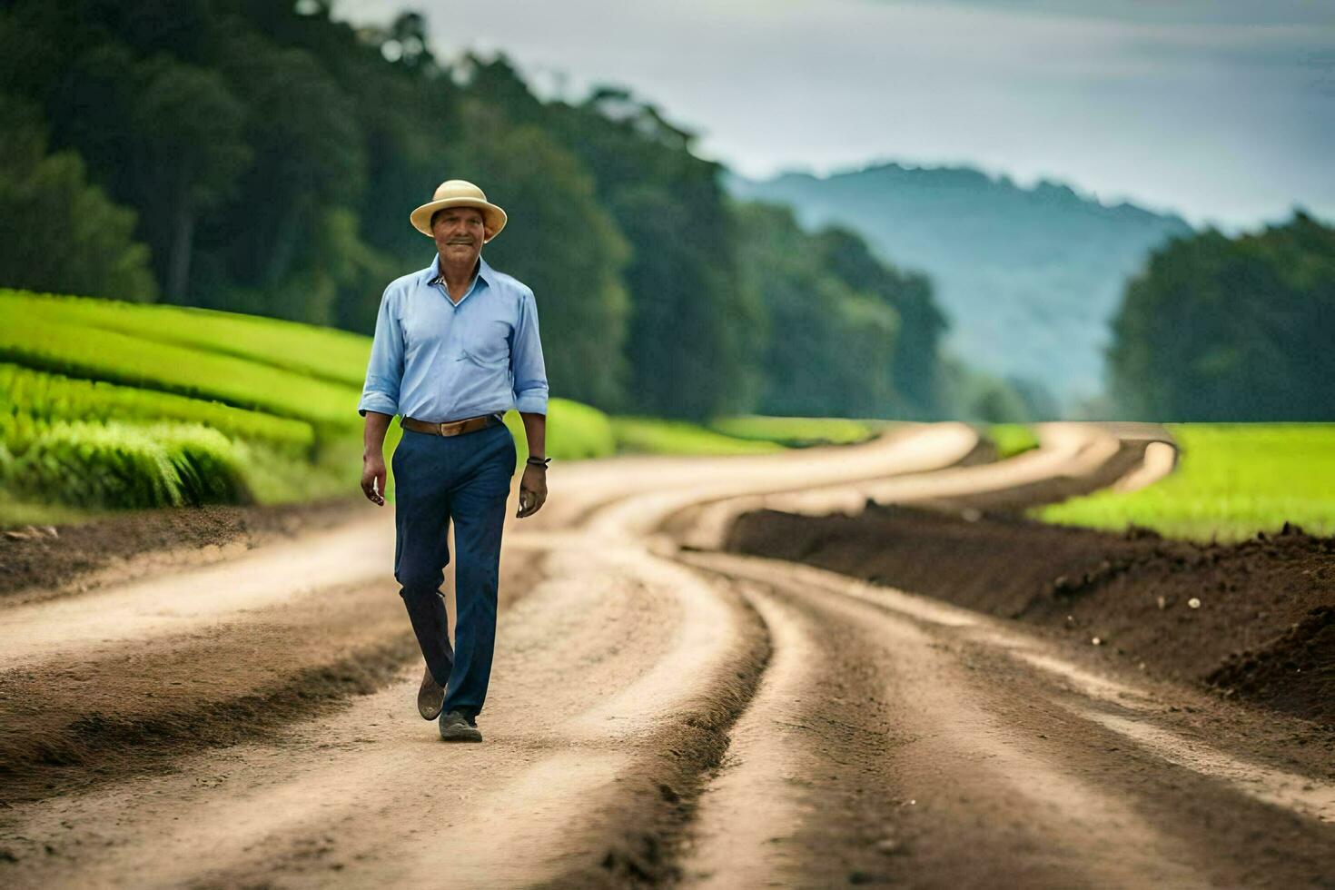 un hombre en un sombrero camina abajo un suciedad la carretera. generado por ai foto