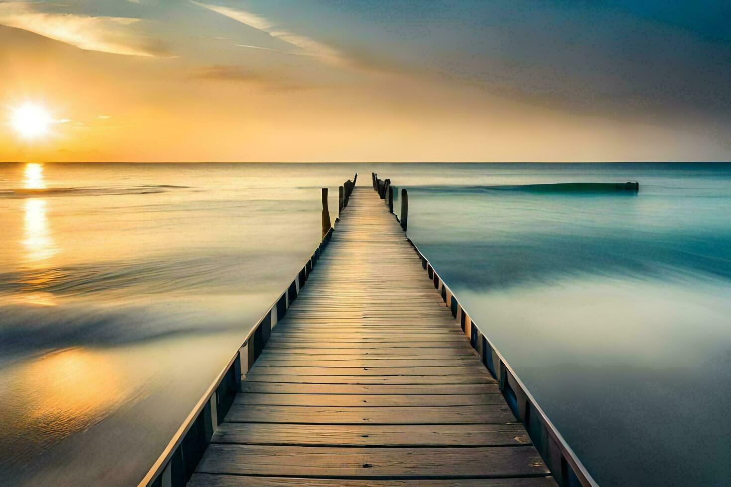 a long exposure photo of a dock stretching out into the ocean. AI-Generated