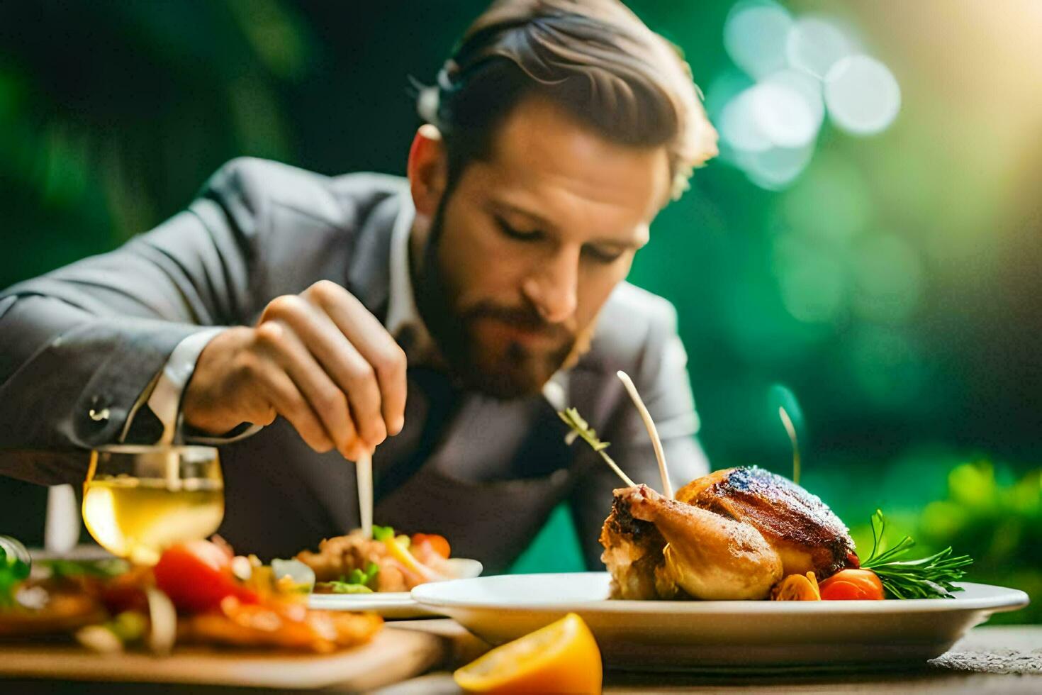 a man is eating a chicken on a plate. AI-Generated photo