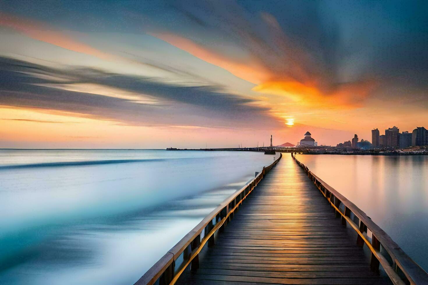 a long exposure photo of a pier in the ocean. AI-Generated