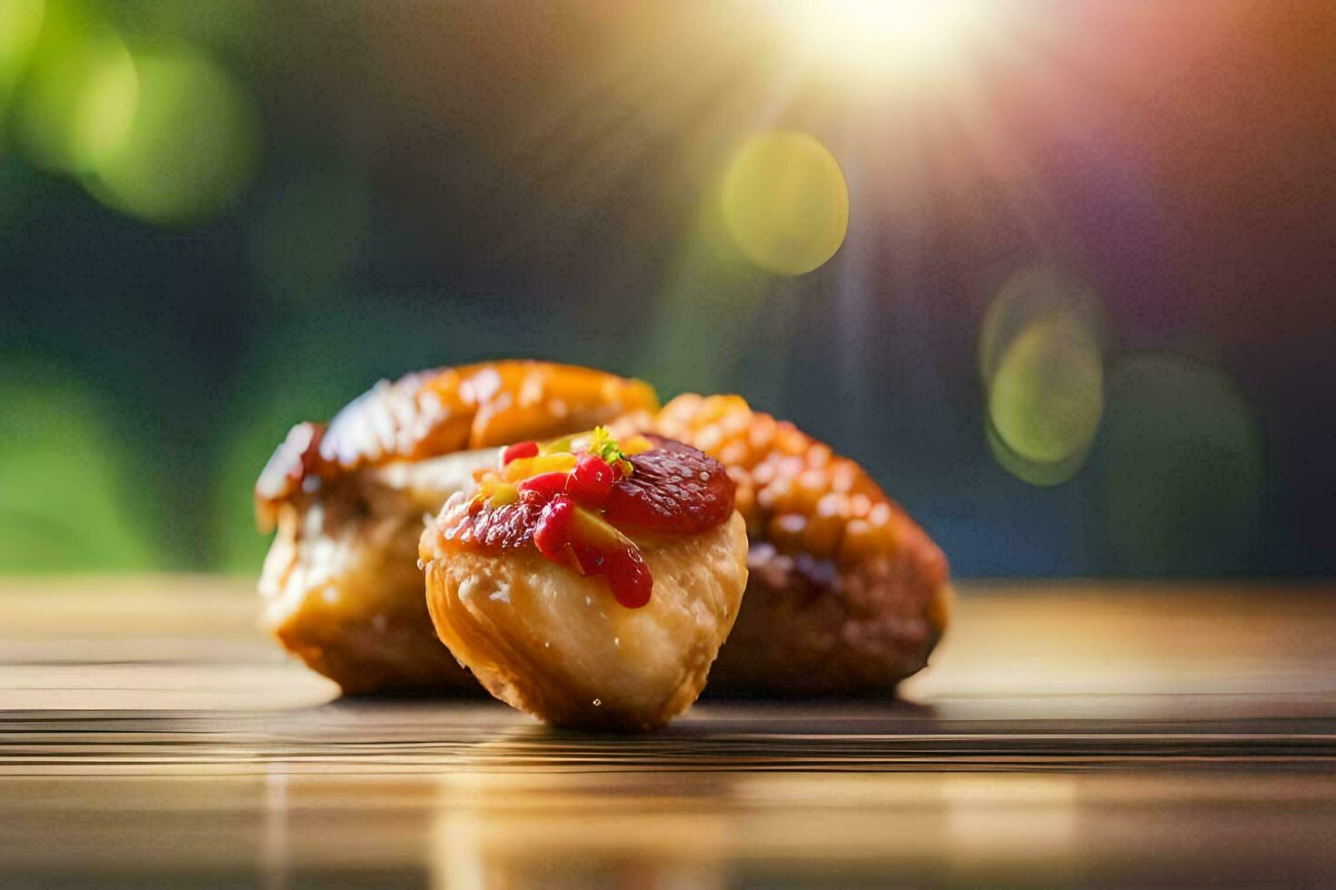 two pieces of chicken on a table with a bright sun. AI-Generated photo