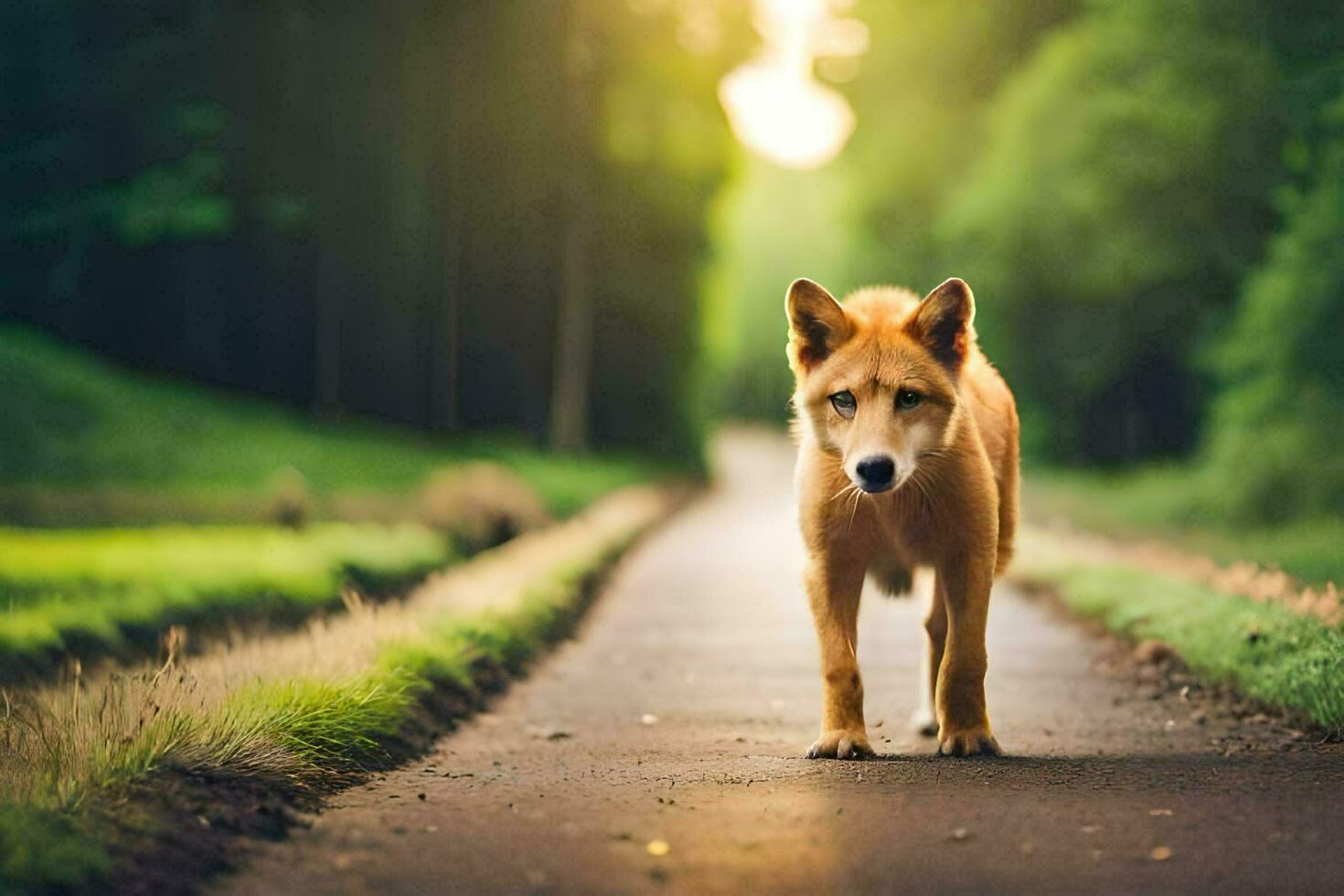 a dog walking down a road in the middle of a forest. AI-Generated photo