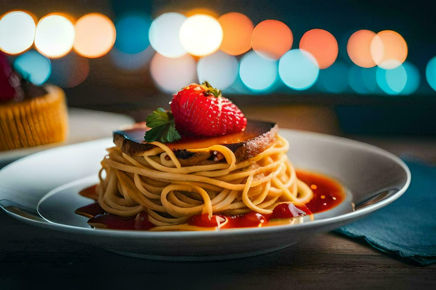 a plate of spaghetti with strawberries and sauce. AI-Generated photo