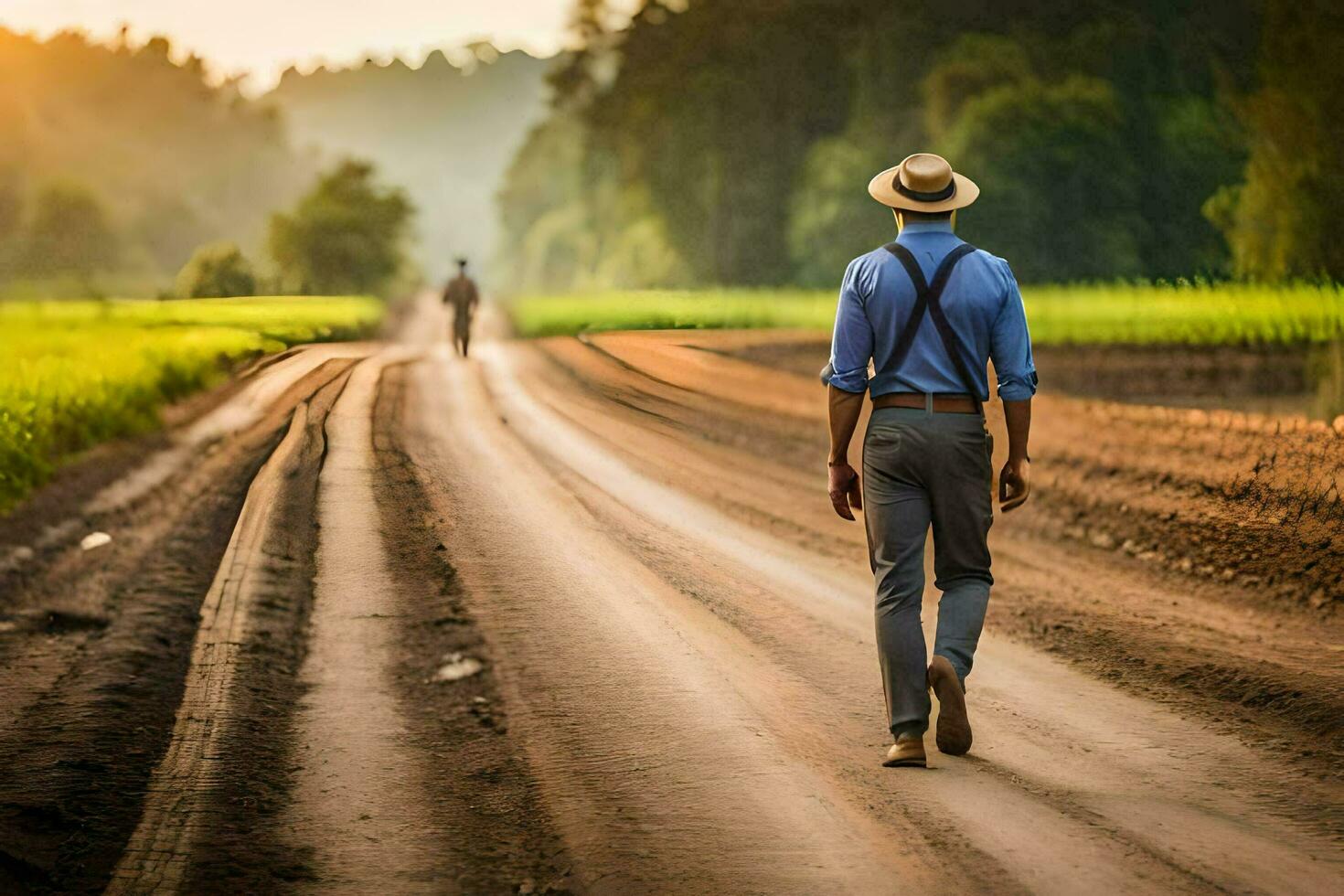 a man in a hat walks down a dirt road. AI-Generated photo