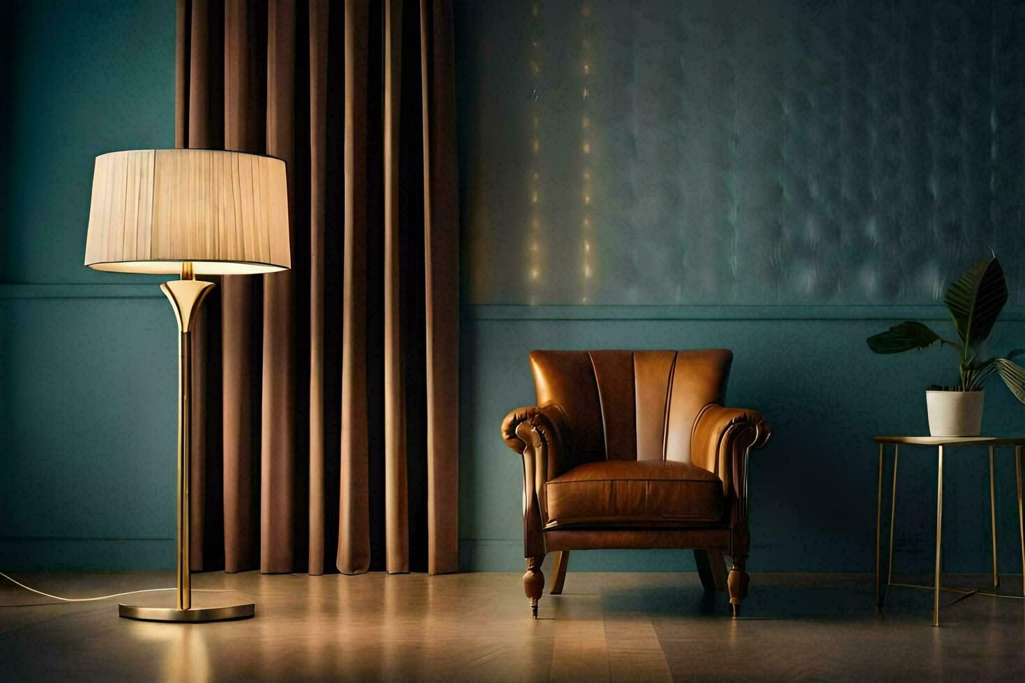 un silla y lámpara en un habitación con azul paredes generado por ai foto