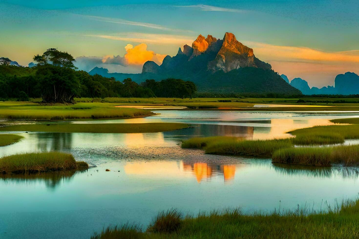 the mountains are reflected in the water at sunset. AI-Generated photo