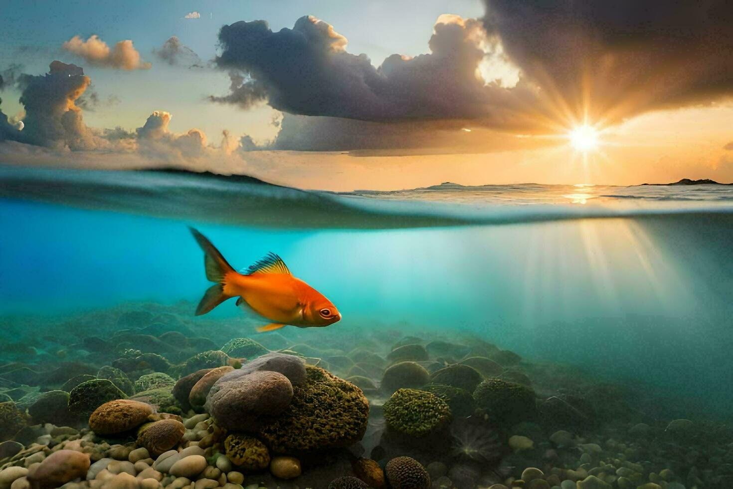 a fish swimming in the ocean with the sun setting behind it. AI-Generated photo