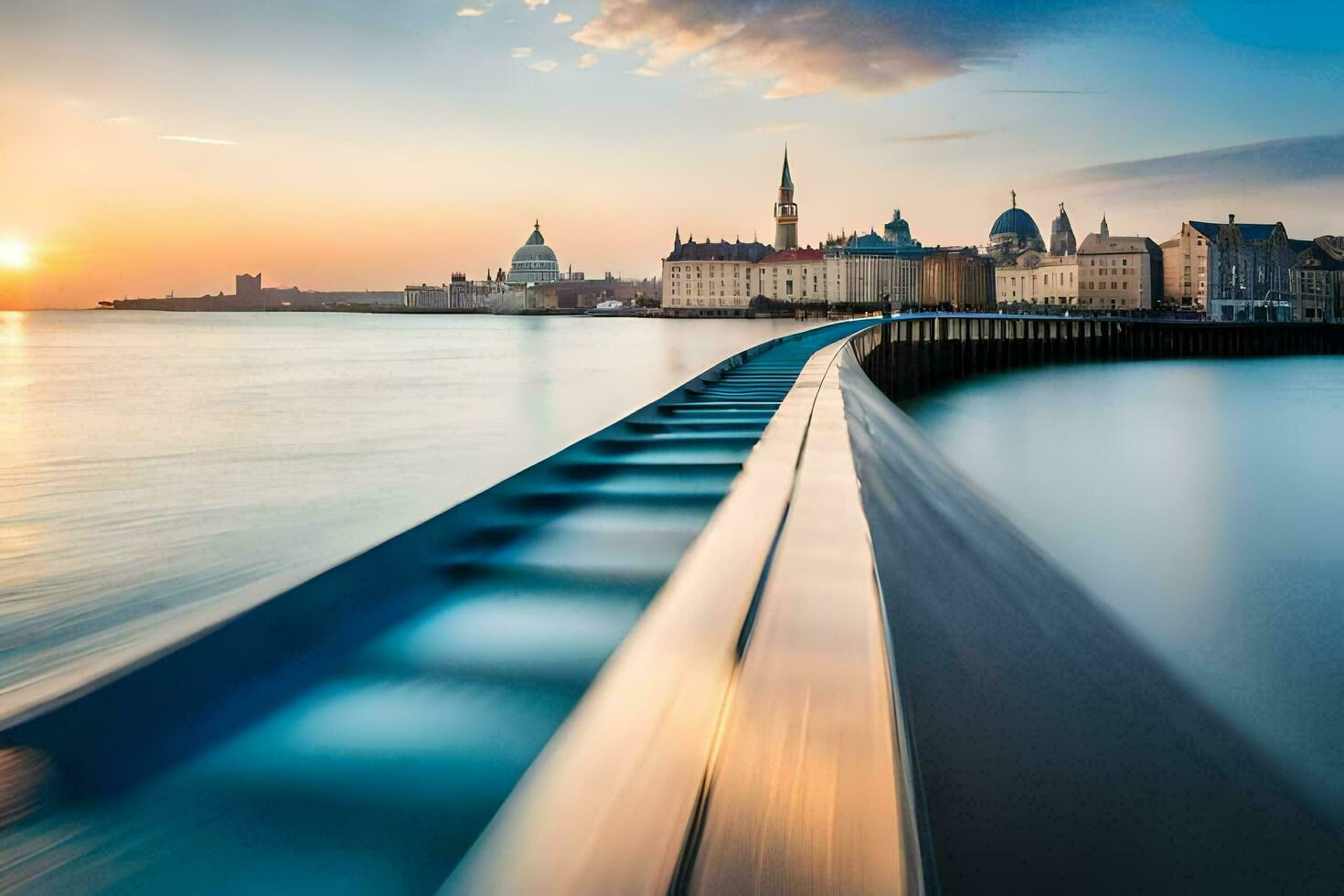 a long exposure photograph of a bridge over water. AI-Generated photo