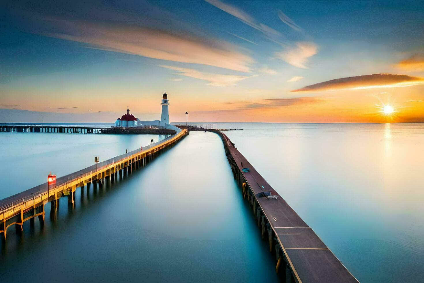 a long exposure photograph of a lighthouse at sunset. AI-Generated photo