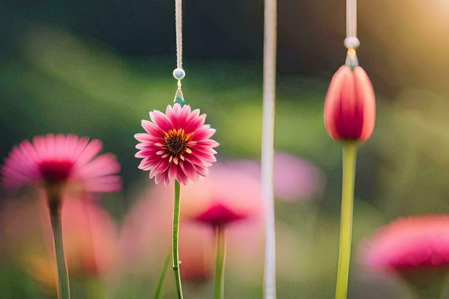 pink flowers hanging from strings in the sun. AI-Generated photo