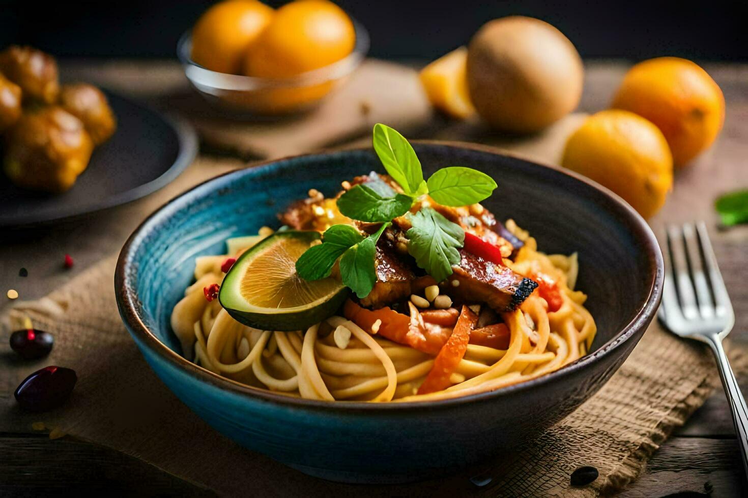 spaghetti with meatballs and vegetables in a blue bowl. AI-Generated photo