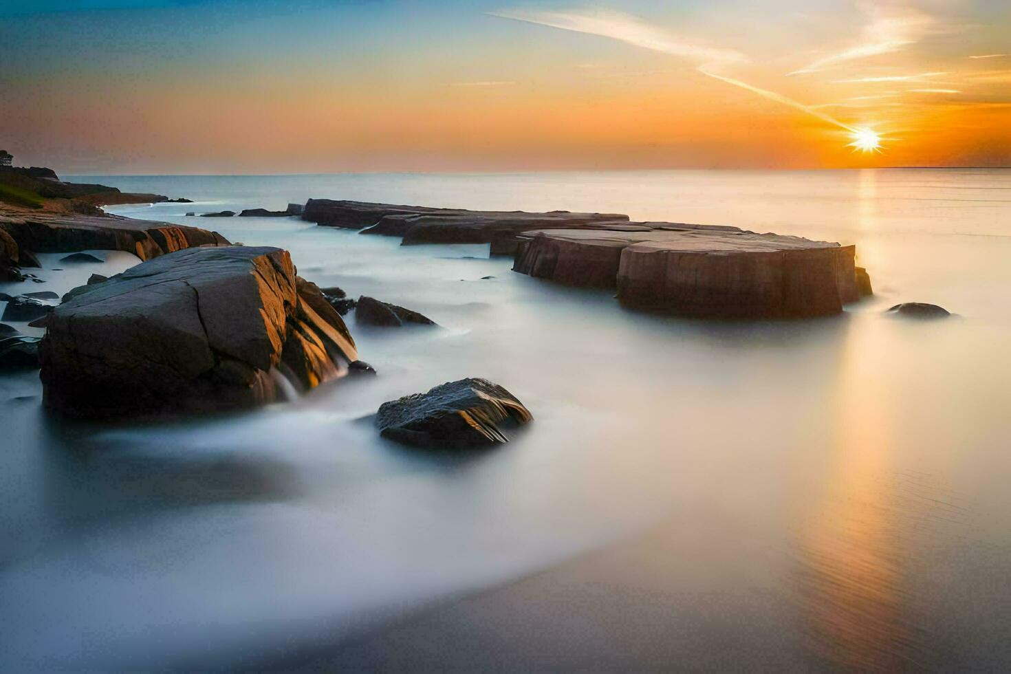 a long exposure photograph of rocks in the ocean at sunset. AI-Generated photo