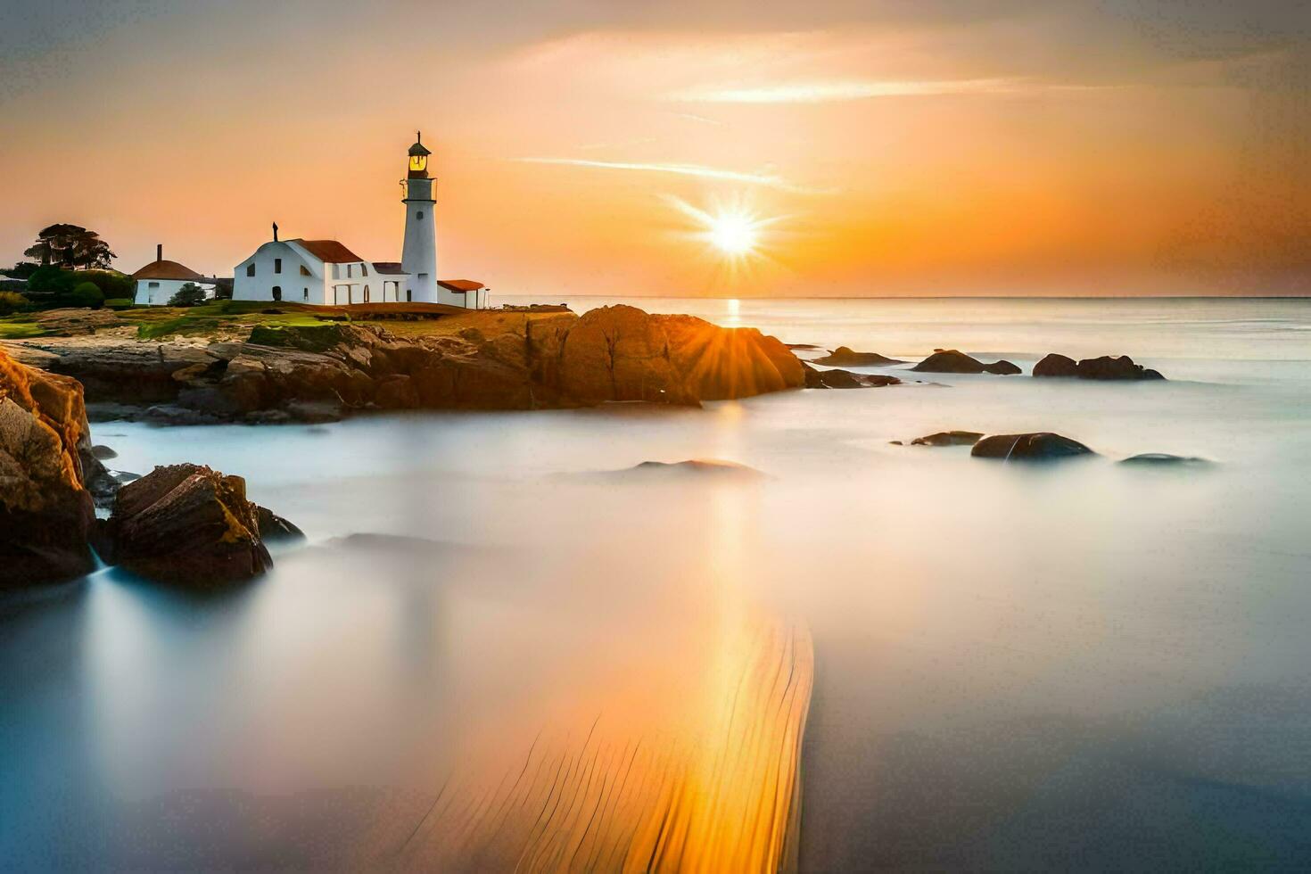 the sun sets over a lighthouse on the ocean. AI-Generated photo