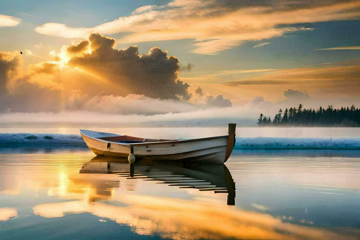a boat sits on the water at sunrise. AI-Generated photo