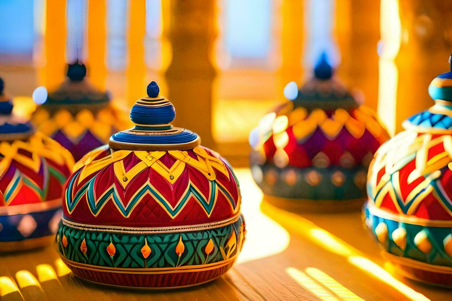 colorful decorative pots on a wooden table. AI-Generated photo
