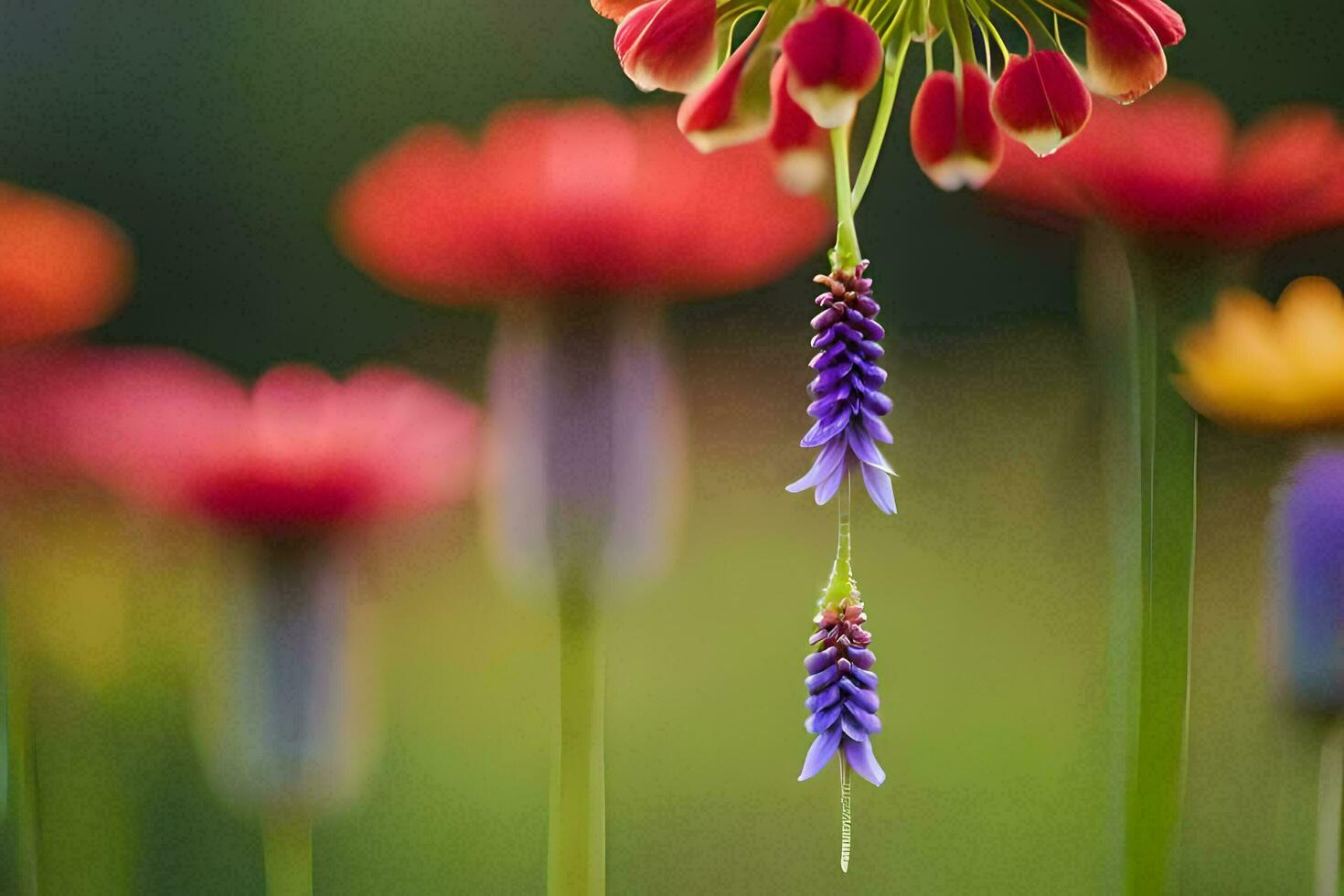 un flor con un largo vástago y un púrpura flor. generado por ai foto