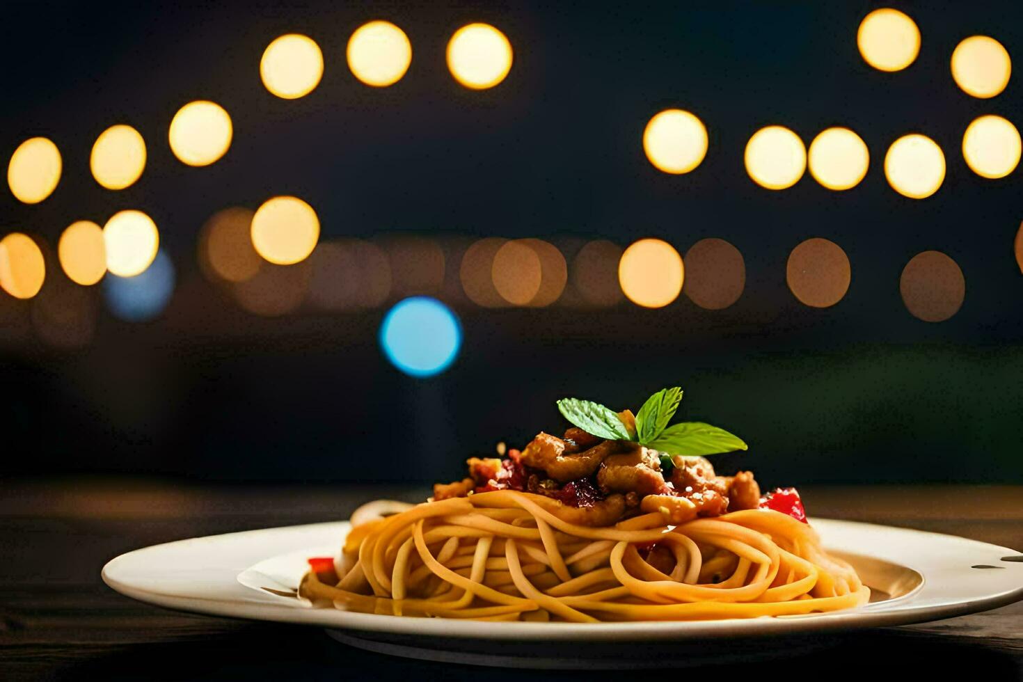 spaghetti with tomato sauce and basil leaves on a plate. AI-Generated photo