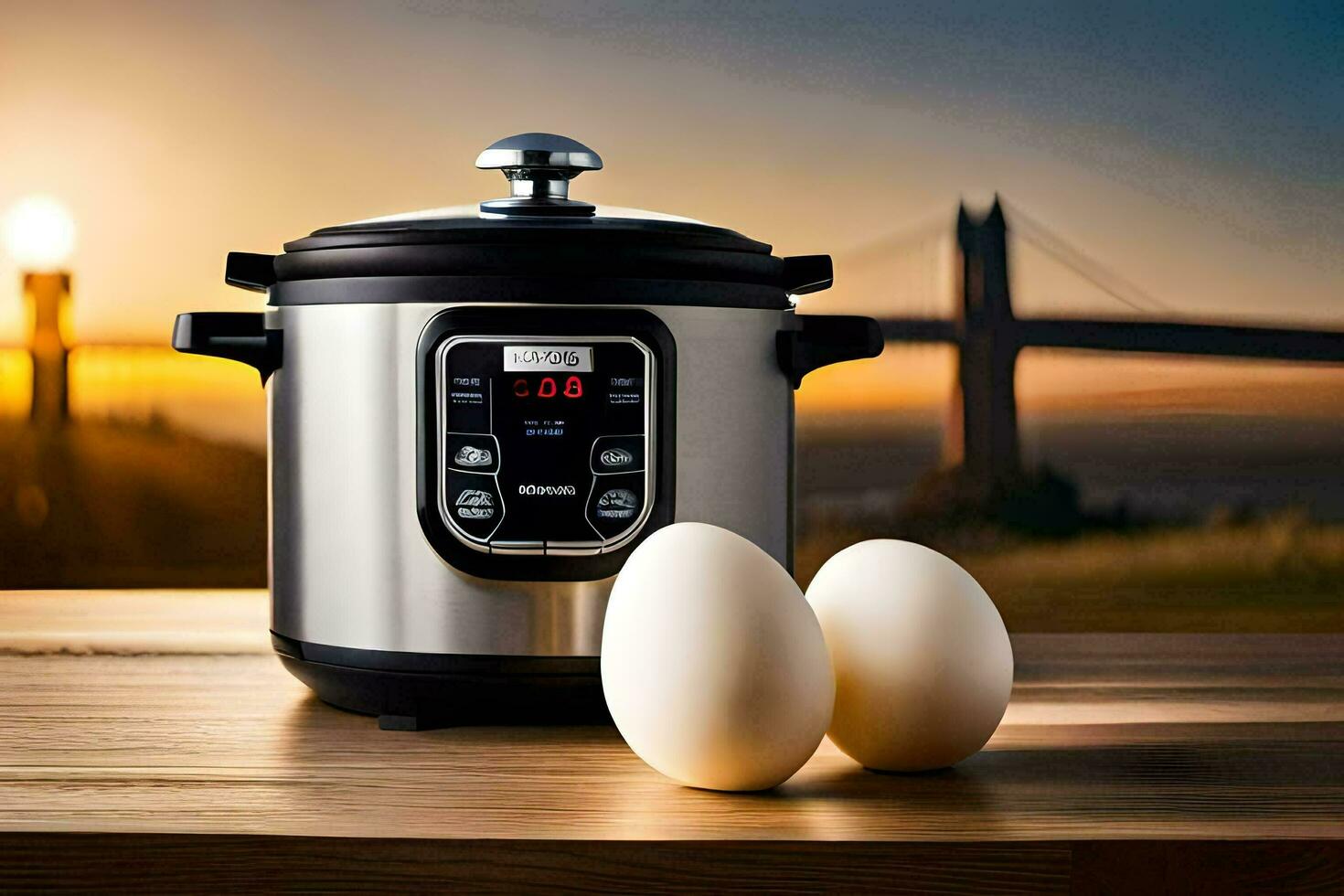 an instant pot with two eggs on a table. AI-Generated photo