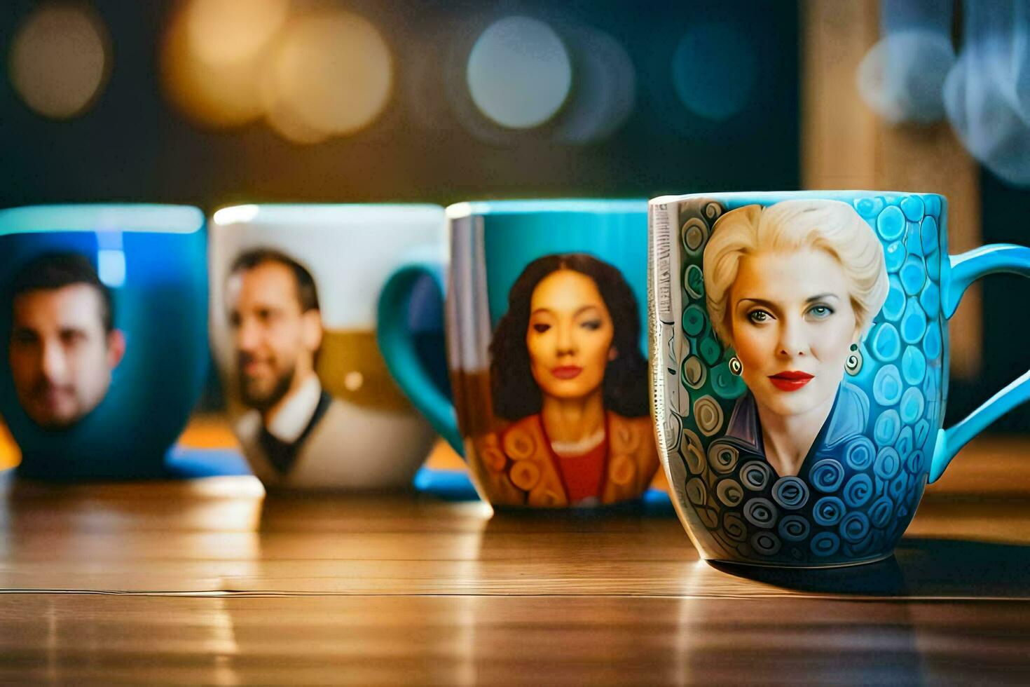 a row of coffee mugs with pictures of people on them. AI-Generated photo