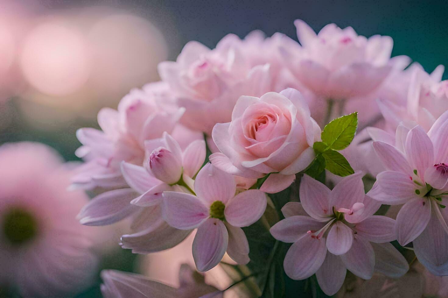 pink flowers are in a vase with a blurred background. AI-Generated photo