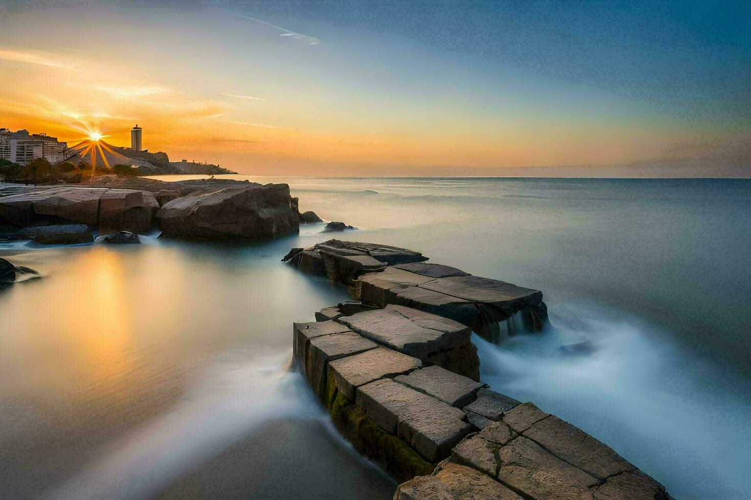 un largo exposición fotografía de el amanecer terminado el océano. generado por ai foto