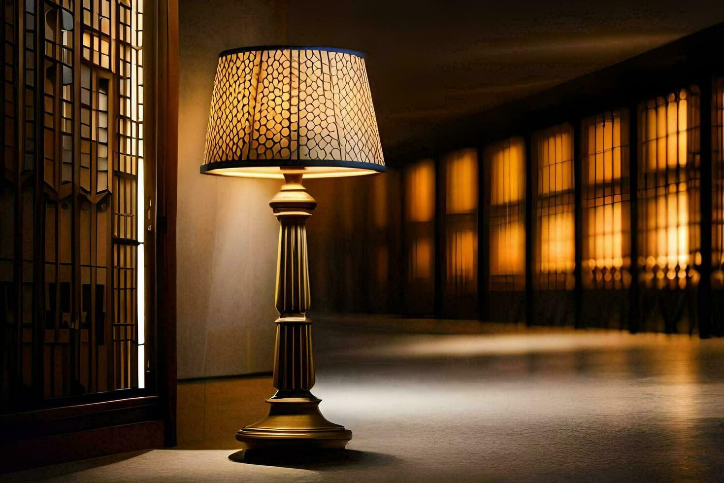 a lamp is sitting on a floor in a dark room. AI-Generated photo