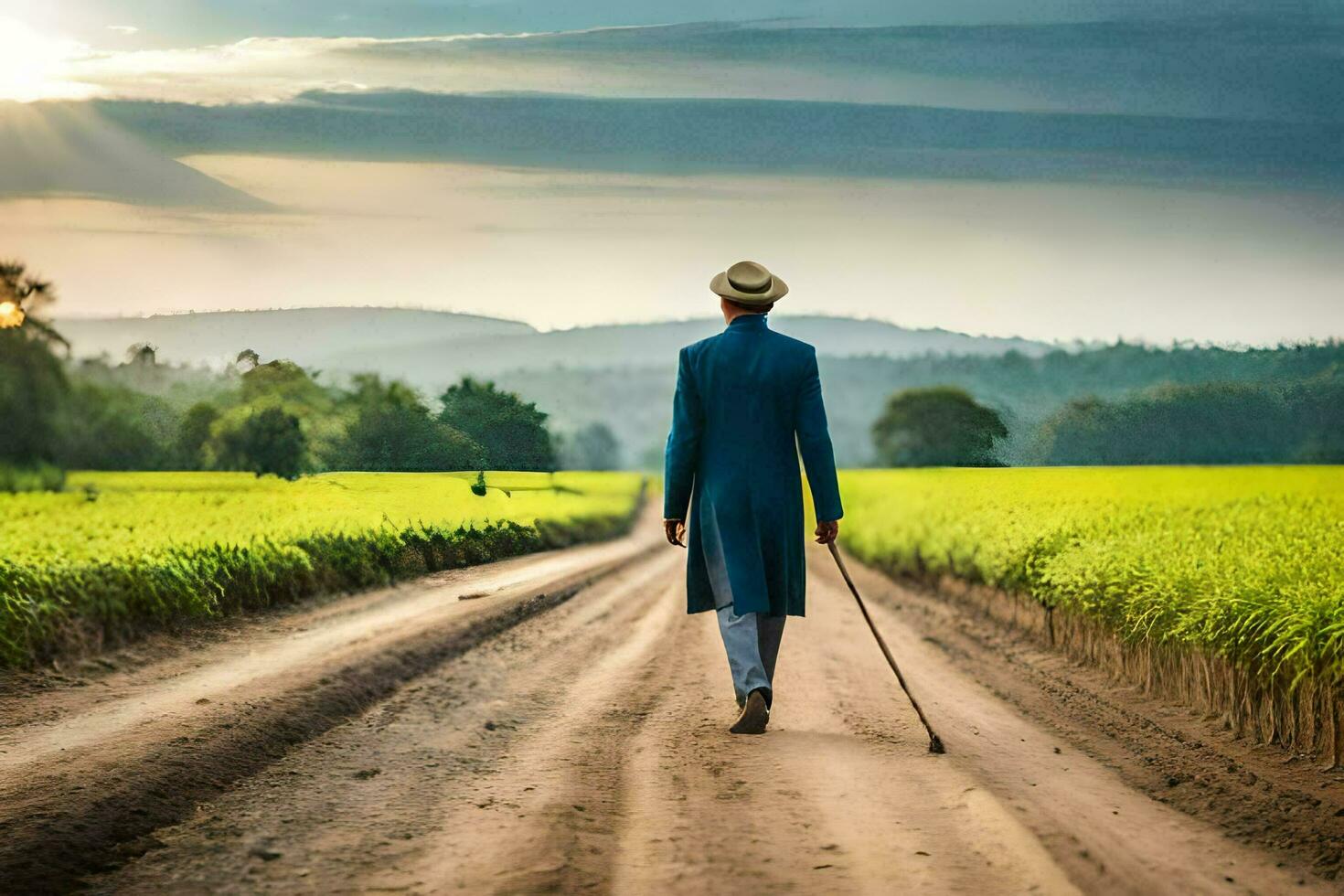 a man in a blue suit walking down a dirt road. AI-Generated photo