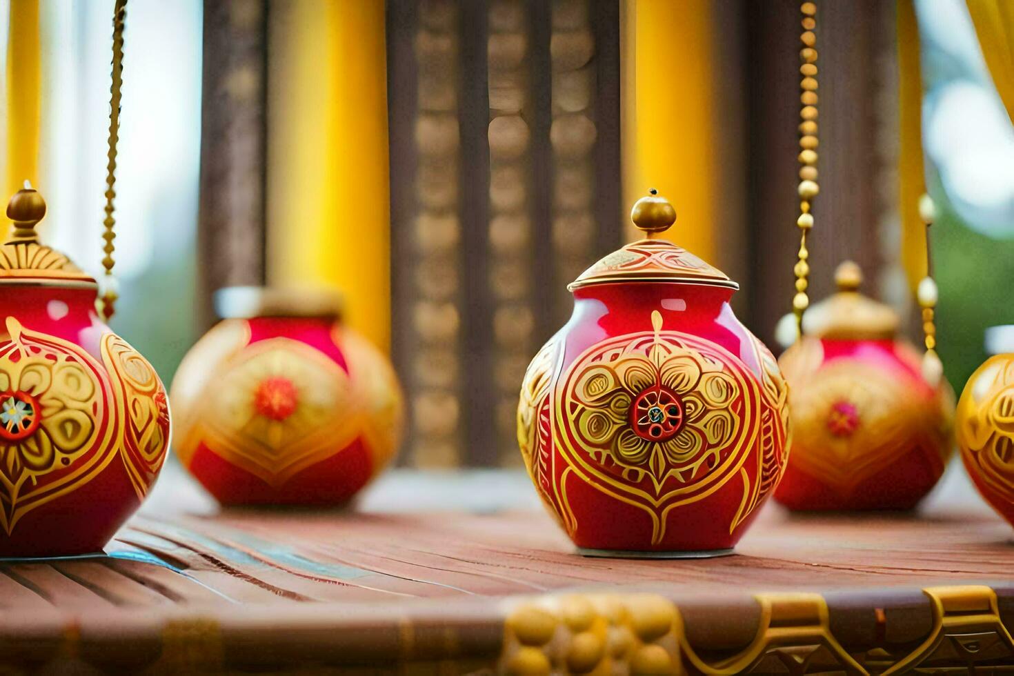 gold and red vases on a wooden table. AI-Generated photo